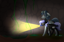 Size: 3000x2000 | Tagged: safe, artist:ohhoneybee, oc, oc only, oc:cloudy night, cave, exploring, flashlight (object), high res