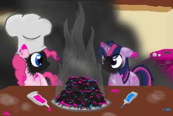 Size: 750x500 | Tagged: safe, artist:haileyguilford, pinkie pie, twilight sparkle, earth pony, pony, unicorn, g4, cooking, duo, lethal chef, scorched, soot, this will end in tears and/or breakfast, xk-class end-of-the-kitchen scenario