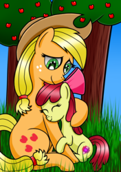 Size: 2448x3484 | Tagged: safe, artist:heartshielder1991, apple bloom, applejack, g4, apple tree, cutie mark, grass, high res, hug, sisters, sitting, the cmc's cutie marks