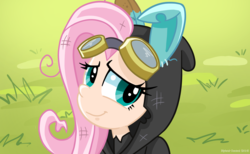 Size: 1300x800 | Tagged: safe, artist:hybrid-control, fluttershy, human, g4, magic duel, bunny ears, clothes, costume, cute, dangerous mission outfit, female, goggles, hoodie, humanized, looking at you, scene interpretation, smiling, solo