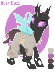 Size: 950x1238 | Tagged: safe, artist:silkensaddle, oc, oc only, oc:busy buzz, butterfly, changeling, fallout equestria, clothes, cute, female, fluttershy medical saddlebag, lab coat, medical saddlebag, pins, purple changeling, rags, saddle bag, smiling, solo, torn clothes