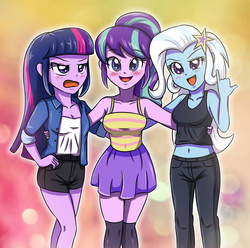 Size: 3507x3472 | Tagged: safe, artist:sumin6301, starlight glimmer, trixie, twilight sparkle, equestria girls, g4, belly, belly button, blushing, breasts, clothes, counterparts, cute, diatrixes, equestria girls-ified, female, glimmerbetes, high res, jeans, looking at you, magical trio, midriff, miniskirt, open mouth, pants, shorts, skirt, socks, tank top, thigh highs, twiabetes, twilight sparkle (alicorn), twilight's counterparts, zettai ryouiki