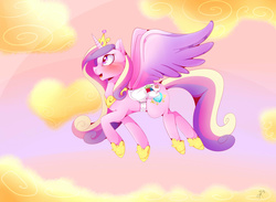 Size: 3200x2348 | Tagged: safe, artist:glitterelixir, princess cadance, alicorn, pony, g4, female, flying, high res, saddle, saddle bag, solo