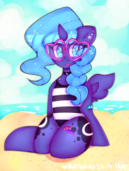 Size: 3000x4000 | Tagged: safe, artist:bunxl, princess luna, alicorn, pony, g4, beach, both cutie marks, clothes, female, heart, heart eyes, mare, one-piece swimsuit, solo, swimsuit, tongue out, wingding eyes