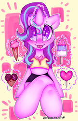 Size: 2000x3077 | Tagged: safe, artist:bunxl, starlight glimmer, unicorn, semi-anthro, g4, :p, arm hooves, clothes, female, food, glowing horn, heart, heart eyes, high res, horn, ice cream, magic, midriff, shorts, sitting, solo, tank top, telekinesis, tongue out, wingding eyes