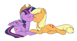 Size: 1024x540 | Tagged: safe, artist:victoreach, applejack, twilight sparkle, alicorn, earth pony, pony, g4, accessory swap, blushing, commission, duo, eyes closed, female, hat, kiss on the lips, kissing, lesbian, mare, ship:twijack, shipping, simple background, twilight sparkle (alicorn), white background