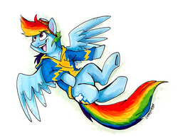 Size: 1718x1355 | Tagged: safe, artist:spainfischer, rainbow dash, pony, g4, clothes, female, flying, goggles, open mouth, signature, solo, traditional art, wonderbolt trainee uniform
