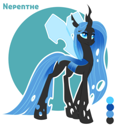 Size: 950x1035 | Tagged: safe, artist:silkensaddle, oc, oc only, oc:nepenthe, changeling, changeling queen, blue changeling, changeling queen oc, female, solo