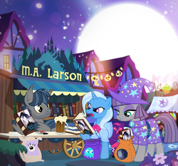 Size: 1000x930 | Tagged: safe, artist:pixelkitties, maud pie, trixie, bat pony, pony, g4, book, clothes, costume, equestria girls outfit, m.a. larson, nightmare night, pennyroyal academy