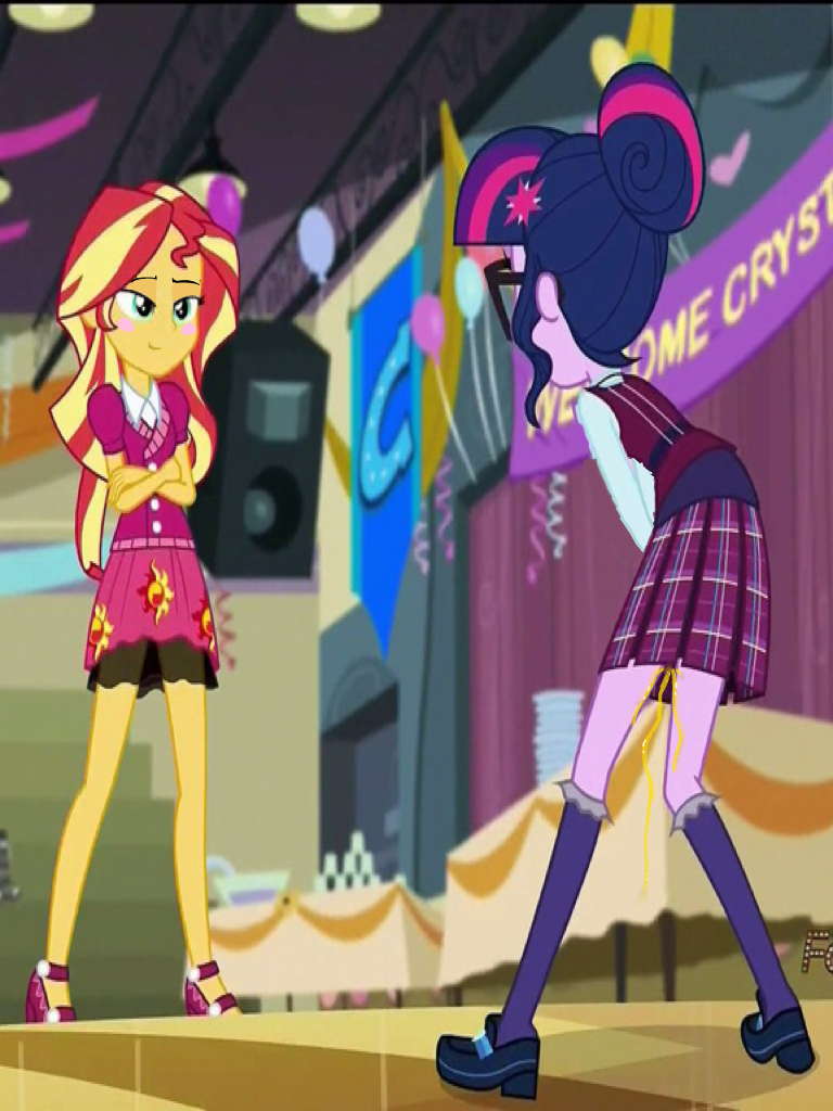 1139831 - suggestive, edit, edited screencap, screencap, sci-twi, sunset  shimmer, twilight sparkle, equestria girls, friendship games, bad edit,  female, lesbian, pee edit, peeing in the dress, peeing on the floor,  pissing, scitwishimmer,