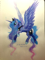 Size: 3024x4032 | Tagged: safe, artist:rocy canvas, princess luna, g4, female, flying, pixiv, solo, traditional art