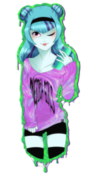 Size: 1519x2844 | Tagged: safe, artist:slimegrave, sonata dusk, equestria girls, g4, alternate hairstyle, can, clothes, female, pastel goth, shirt, shorts, socks, solo, thigh highs, tongue out, wink