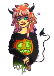 Size: 852x1200 | Tagged: dead source, safe, artist:slimegrave, sunset shimmer, equestria girls, g4, devil horns, elf ears, female, halloween, horns, jack-o-lantern, licking, licking lips, nail polish, simple background, solo, tongue out, transparent background