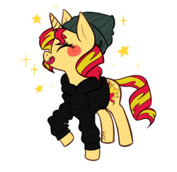 Size: 1671x1631 | Tagged: safe, artist:slimegrave, sunset shimmer, pony, unicorn, g4, clothes, eyes closed, female, hat, raised hoof, solo, sweater