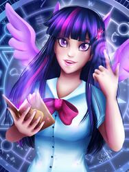 Size: 1200x1600 | Tagged: safe, artist:karlasorel, twilight sparkle, equestria girls, g4, book, female, glowing hands, human coloration, lipstick, nail polish, ponied up, solo, twilight sparkle (alicorn)