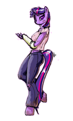 Size: 1627x2669 | Tagged: safe, artist:sevenowait, twilight sparkle, anthro, unguligrade anthro, g4, cast, clothes, clothing damage, female, frown, jeans, pants, shirt, simple background, solo, transparent background