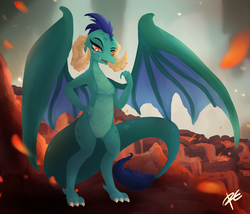Size: 1500x1285 | Tagged: safe, artist:rumi_cha, princess ember, dragon, g4, gauntlet of fire, dragoness, female, lava, pixiv, solo
