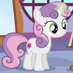 Size: 560x560 | Tagged: safe, screencap, sweetie belle, pony, unicorn, g4, on your marks, cutie mark, female, filly, magic, solo, the cmc's cutie marks