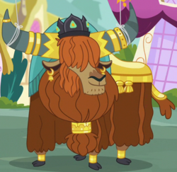 Size: 538x523 | Tagged: safe, screencap, prince rutherford, yak, g4, party pooped, cloven hooves, cropped, crown, ear piercing, earring, horn, horn ring, jewelry, male, piercing, regalia, solo