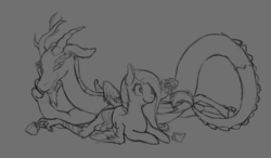 Size: 1280x749 | Tagged: safe, artist:aenbrdraws, discord, fluttershy, pegasus, pony, g4, female, flower, gradient background, grayscale, male, mare, monochrome, ship:discoshy, shipping, sketch, straight