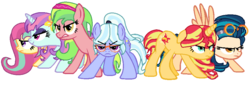 Size: 920x312 | Tagged: safe, artist:ecoster1268, indigo zap, lemon zest, sour sweet, sugarcoat, sunny flare, sunset shimmer, pony, equestria girls, friendship games, g4, alternate universe, equestria girls ponified, ponified