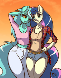 Size: 6118x7824 | Tagged: safe, artist:pitchyy, bon bon, lyra heartstrings, sweetie drops, earth pony, anthro, g4, absurd resolution, belly button, cleavage, clothes, female, lesbian, midriff, ship:lyrabon, shipping, short shirt