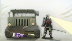 Size: 2870x1614 | Tagged: safe, artist:aaronmk, twilight sparkle, g4, fog, gun, hiding, machine gun, pkm, powered exoskeleton, s.t.a.l.k.e.r., truck, weapon