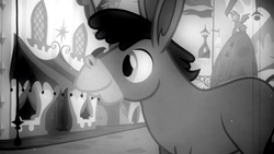 Size: 1280x720 | Tagged: safe, screencap, cranky doodle donkey, donkey, a friend in deed, g4, canterlot, crankybetes, cute, male, monochrome, solo, young, younger