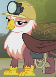 Size: 536x746 | Tagged: safe, screencap, gimme moore, griffon, g4, the lost treasure of griffonstone, cropped, female, griffon shopkeeper, helmet, raised eyebrow, solo