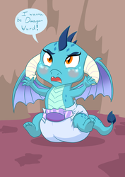 Size: 883x1248 | Tagged: safe, artist:artiecanvas, princess ember, dragon, g4, artiecanvas is trying to murder us, baby dragon, claws, cute, diaper, dragon wings, dragoness, emberbetes, fangs, female, horns, open mouth, poofy diaper, solo, speech bubble, spread wings, wings
