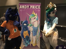 Size: 600x450 | Tagged: safe, artist:andy price, artist:kolshica, artist:toki, princess celestia, princess luna, human, g4, babscon, babscon 2016, blame my sister, clothes, cosplay, costume, cute, fursuit, hips, i'm with stupid, irl, irl human, japan ponycon, japanese, magic shirt, photo, shirt, t-shirt, text on clothing, text on shirt, thighs
