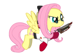 Size: 550x400 | Tagged: safe, artist:darkgloones, fluttershy, g4, animated, crossover, female, fluttermedic, flying, medic, medic (tf2), medigun, solo, team fortress 2, ubersaw, youtube link