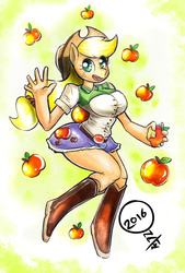 Size: 1280x1888 | Tagged: safe, artist:onat, part of a set, applejack, earth pony, anthro, plantigrade anthro, equestria girls, g4, apple, big breasts, boots, breasts, busty applejack, clothes, cowboy hat, denim skirt, equestria girls outfit, female, food, hat, mixed media, pinup, shoes, skirt, solo, stetson, traditional art, watercolor painting