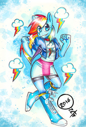 Size: 1280x1885 | Tagged: safe, artist:onat, part of a set, rainbow dash, anthro, plantigrade anthro, equestria girls, g4, boots, clothes, compression shorts, equestria girls outfit, female, mixed media, pinup, shoes, shorts, skirt, socks, solo, traditional art, watercolor painting, wrong eye color