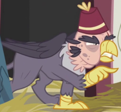 Size: 515x478 | Tagged: safe, screencap, grampa gruff, griffon, g4, the lost treasure of griffonstone, angry, cropped, fez, hat, male, pointing, scar, solo