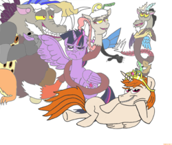 Size: 3096x2616 | Tagged: safe, artist:vanghool, discord, twilight sparkle, oc, alicorn, pony, g4, spoiler:comic, annoyed, crown, element of magic, family reunion, female, high res, mare, twilight sparkle (alicorn)