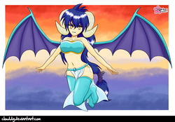 Size: 1290x900 | Tagged: safe, artist:clouddg, princess ember, human, g4, gauntlet of fire, belly button, breasts, busty princess ember, clothes, female, flying, grin, horn, horned humanization, humanized, loincloth, long hair, looking at you, midriff, partial nudity, ponytail, signature, smiling, socks, solo, spread wings, thigh highs, winged humanization