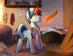 Size: 1700x1300 | Tagged: safe, artist:maccoffee, oc, oc only, pony, unicorn, apron, butt, clothes, commission, crosscut saw, fluffy, magic, male, plank, plot, rear view, saw, shelf, solo, table, unshorn fetlocks, workshop