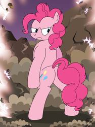Size: 2331x3108 | Tagged: safe, artist:toxic-mario, pinkie pie, pony, g4, angry, bipedal, butt, dragon ball, dragon ball z, dust cloud, female, high res, looking back, plot, solo