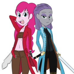 Size: 1000x1000 | Tagged: safe, artist:a_simplepony, maud pie, pinkie pie, equestria girls, g4, bandeau, belly button, clothes, cosplay, costume, dante (devil may cry), devil may cry, devil may cry 3, katana, midriff, rebellion (devil may cry), sword, vergil (devil may cry), weapon, yamato (devil may cry)