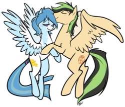 Size: 875x744 | Tagged: safe, artist:egophiliac, oc, oc only, oc:ailan, oc:wish, pegasus, pony, cute, duo, female, male, straight, wishlan