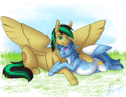 Size: 1800x1391 | Tagged: safe, artist:rozga, oc, oc only, oc:ailan, oc:wish, pegasus, pony, belly, cute, female, male, pregnant, straight, wings, wishlan