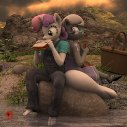 Size: 2500x2500 | Tagged: safe, artist:tahublade7, silver spoon, sweetie belle, frog, anthro, plantigrade anthro, g4, 3d, alternative cutie mark placement, barefoot, clothes, daz studio, dress, eating, feet, food, high res, nail polish, overalls, picnic basket, sandwich