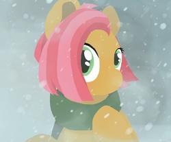 Size: 1451x1200 | Tagged: safe, artist:spookapi, babs seed, g4, clothes, cute, female, looking at you, older, scarf, snow, snowfall, solo