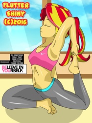 Size: 1920x2560 | Tagged: safe, artist:tonylixious, sunset shimmer, equestria girls, g4, armpits, barefoot, belly button, clothes, eyes closed, feet, female, midriff, nike, older, solo, sports bra, stretching, tight clothing, wide hips, yoga, yoga pants