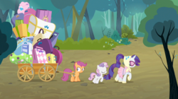 Size: 1178x660 | Tagged: safe, screencap, rarity, scootaloo, sweetie belle, g4, sleepless in ponyville, camping outfit, luggage, luggage cart