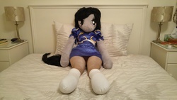 Size: 5312x2988 | Tagged: safe, artist:bigsexyplush, artist:somethingaboutoctavia, octavia melody, earth pony, anthro, g4, anthro plushie, bed, bedroom eyes, capcom, chun li, clothes, costume, crossover, doll, dress, female, irl, outfit, panties, pantyhose, photo, plushie, sash, skirt, socks, solo, street fighter, thunder thighs, tights, toy, underwear, wide hips