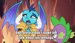 Size: 1089x633 | Tagged: safe, screencap, princess ember, spike, dragon, g4, gauntlet of fire, armor, caption, cropped, dragon armor, image macro, meme, open mouth, reaction image, subtitles, tsundember, tsundere