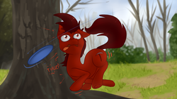 Size: 4000x2250 | Tagged: safe, artist:marsminer, oc, oc only, oc:mars miner, earth pony, pony, earth pony oc, frisbee, male oc, onomatopoeia, oof, outdoors, ponified animal photo, pony oc, red coat, red eyes, red fur, red hair, red mane, red pony, red tail, silly, silly pony, solo, stallion oc, tail, thud, tongue out, tree, underhoof