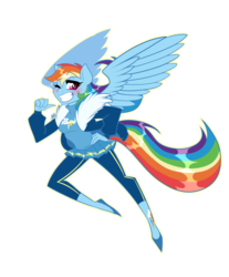 Size: 1280x1549 | Tagged: safe, artist:meb90, rainbow dash, anthro, plantigrade anthro, g4, blushing, clothes, female, flying, looking at you, one eye closed, pointing, raised eyebrow, simple background, smiling, solo, spread wings, white background, wings